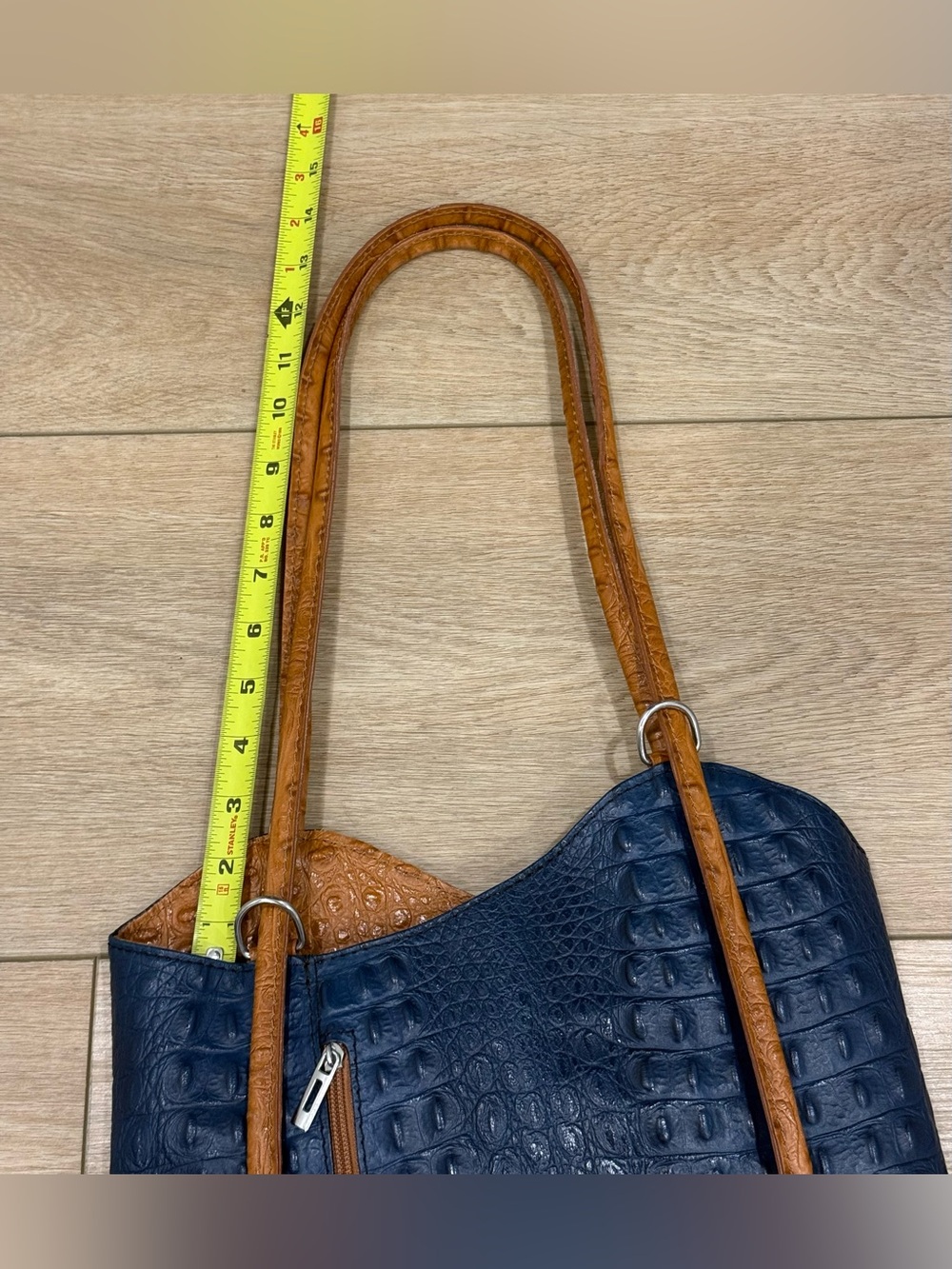 Italian Genuine Leather Croc Embossed Tote Bag Blue Cognac Shoulder Purse - Picture 12 of 12